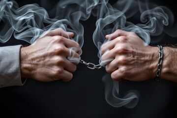 Breaking Free: A pair of hands clenches tightly around a chain, emanating smoke and symbolizing the struggle to overcome addiction and reclaim freedom. The chain represents the power of addiction.