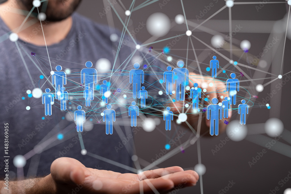 Poster visual representation of a global network, showing interconnected people. ideal for social media, te