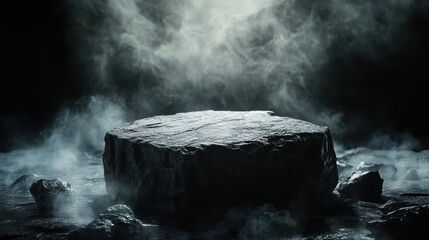 Dark Mysterious Stone on Foggy Ground Surrounded by Mystical Atmosphere and Ethereal Lighting