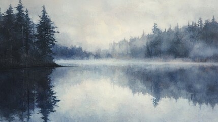 Misty lake scene with reflective forest trees.