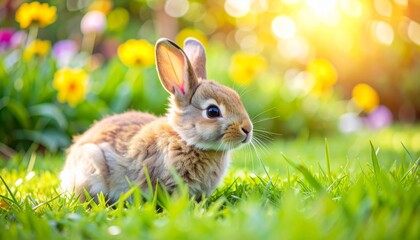 Fototapeta premium A cute brown rabbit sits on green grass in a sunlit garden with colorful flowers in the background.
