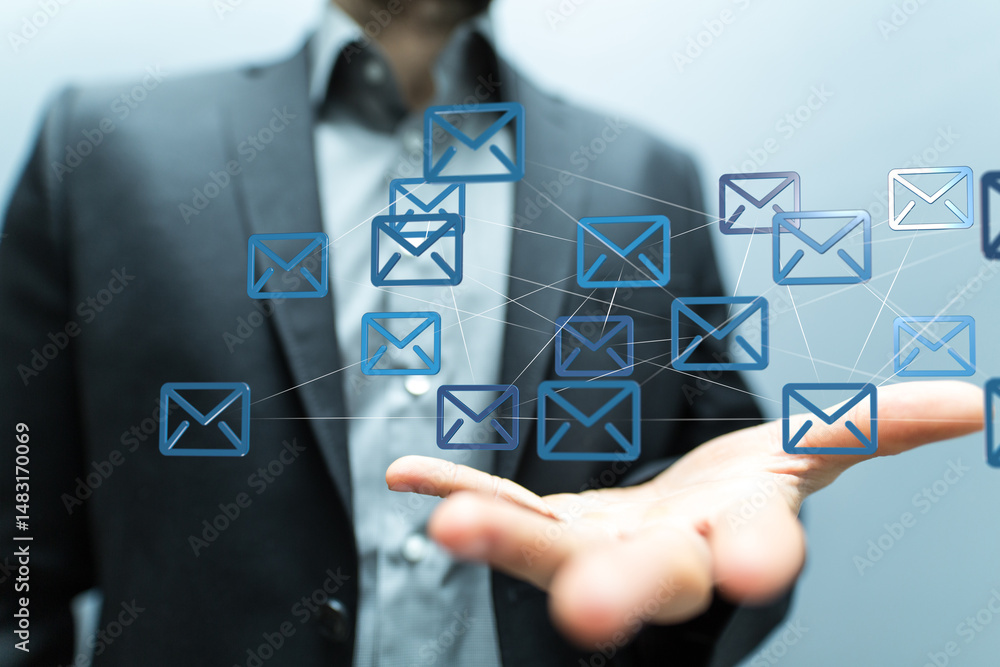 Poster image of a businessman managing multiple emails. concept of email network, communication, and digita