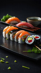 Fresh sushi on a black plate. There are rolls filled with fish, cucumber, and avocado, topped with salmon