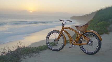 Obraz premium Golden bike on a beach at sunset
