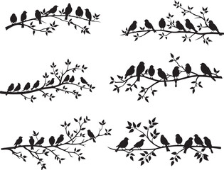 Birds On Tree Branch silhouette vector set