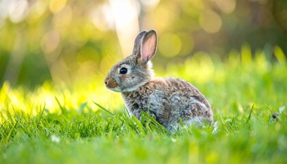 Fototapeta premium A small rabbit sits in green grass, illuminated by warm sunlight with a soft, blurred background.