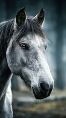 Obraz premium Majestic grey horse stands still in the serene misty forest with captivating amber eyes reflecting the tranquility of nature