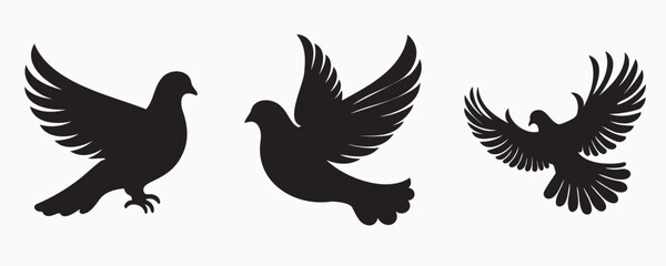 Silhouettes of three doves in different flight and standing positions, isolated on a white background, symbolizing peace, freedom, and grace.