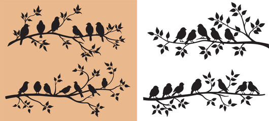 Birds On Tree Branch silhouette vector set