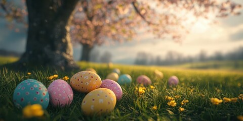 Colorful Easter eggs scattered on green grass beneath a blooming tree on a sunny spring afternoon