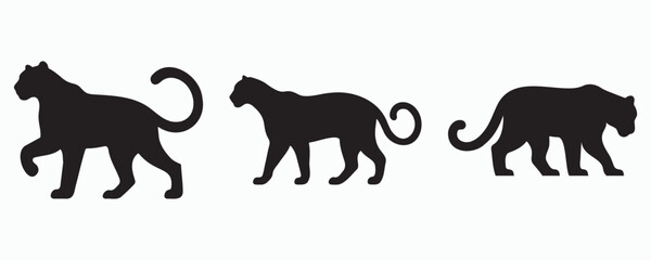Silhouettes of three leopards in varied walking stances with curled tails, depicted in a minimalist black style on a white background.