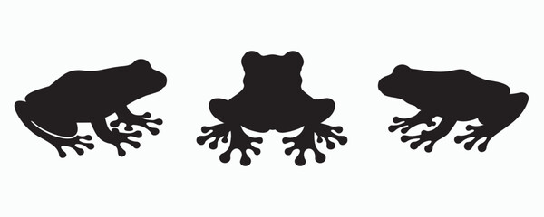 Naklejka premium Three black frog silhouettes in dynamic poses with prominent toe pads, perfect for wildlife art, amphibian studies, or eco-themed vector illustrations.