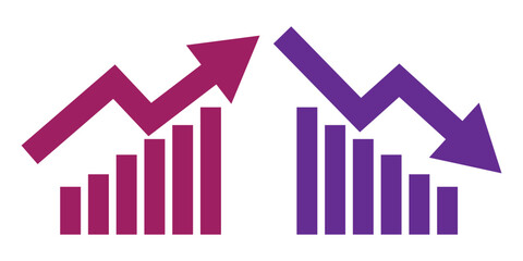 business graph with red arrow Graph going Up and Down sign with green and red arrows vector. Flat design vector illustration concept of sales bar chart symbol icon with arrow moving down and sales bar