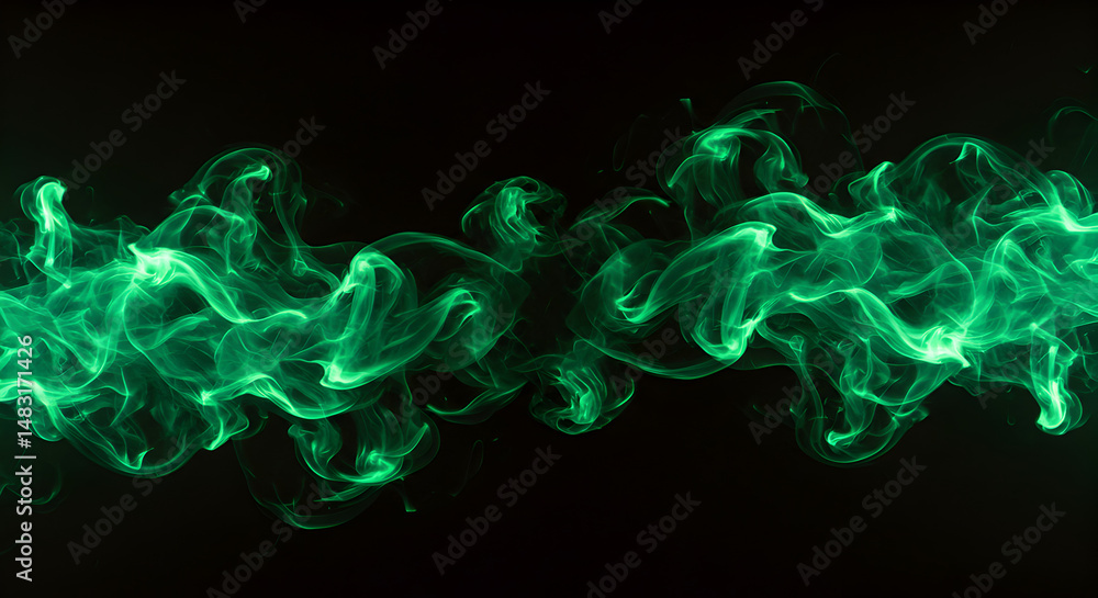 Poster abstract luminous green smoke flowing dynamically against a dark background creates an ethereal and 