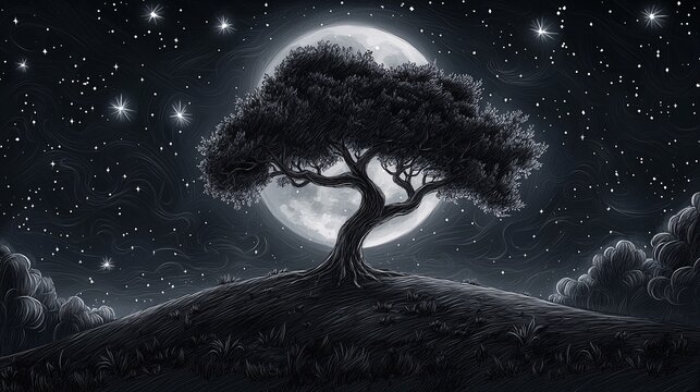night scene illustration with a gnarled big tree silhouetted on a hill beneath a luminous supermoon and scattered stars [Big Tree Silhouette]:[Supermoon] hand drawn big tree silhouette supermoon 