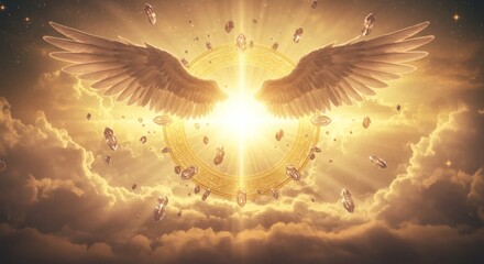 Fototapeta premium Glowing Angel Wings Emerging Through Clouds with Celestial Ring Design
