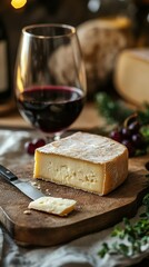 Delicious cheese served with red wine in a cozy setting during an evening gathering