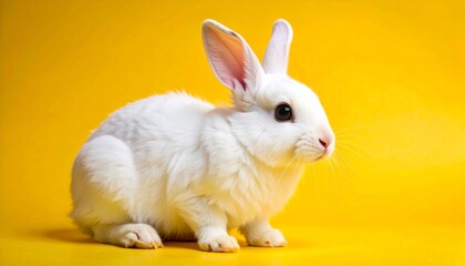 Obraz premium A cute white rabbit sits against a bright yellow background, looking alert and curious.