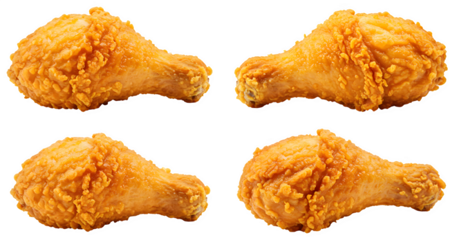 set of 4 Crispy Fried Chicken Drumsticks Isolated on White background, Golden Crunchy Fried Chicken Pieces on white background, crispy fried chicken pieces