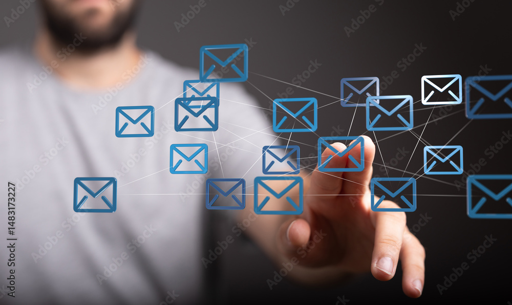 Poster Hand interacting with a digital network of email icons, representing global communication and connection.