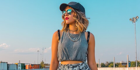 photo of young woman wearing modern urban fashion 