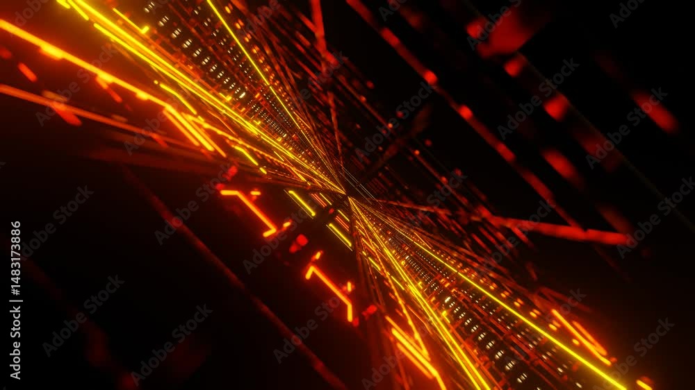Poster endless forward movement inside abstract tunnel of orange flashing grid. 3d render looped animation