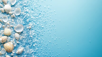 Seashell collection on a light blue surface.