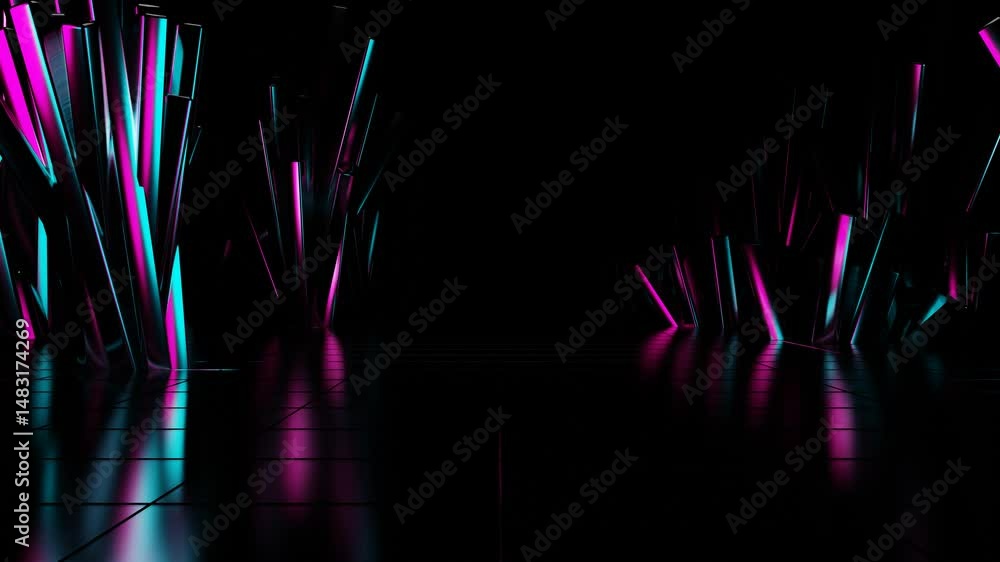 Poster endless forward movement inside abstract tunnel of glossy cubic crystal clusters on black background