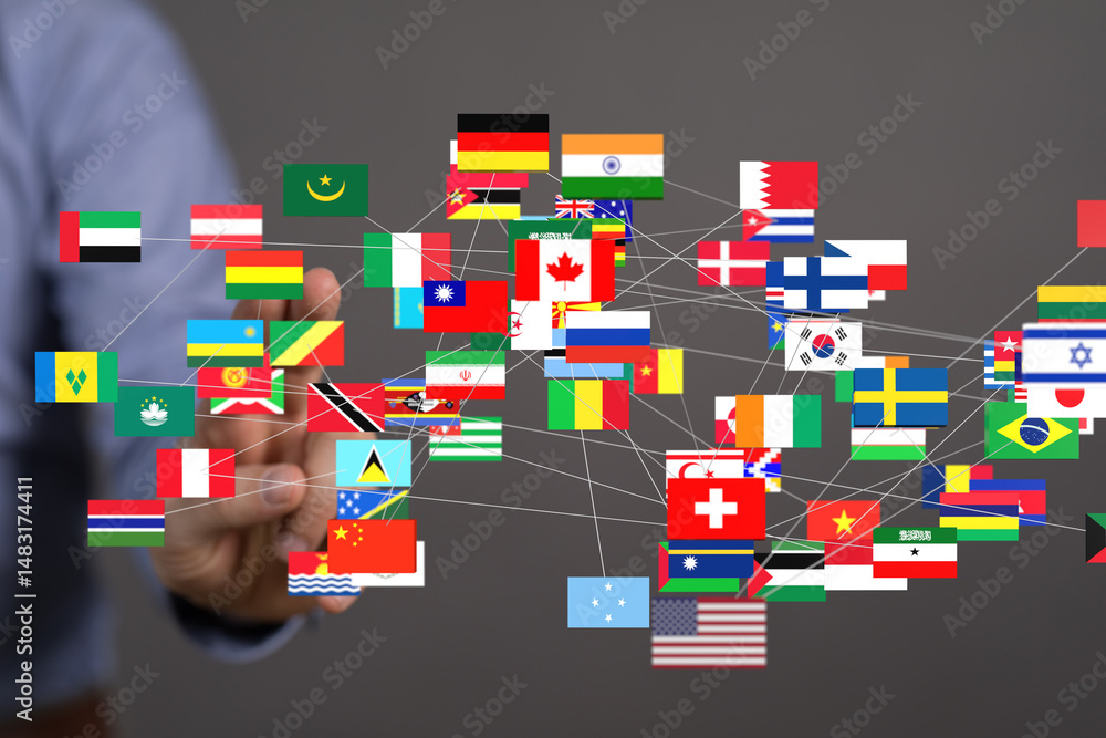 Poster image of interconnected flags representing global collaboration and international relations.