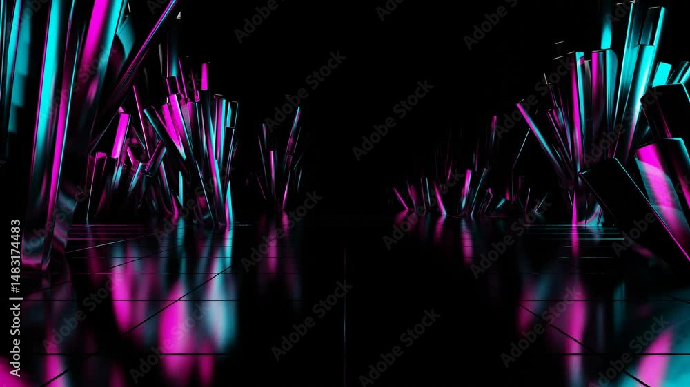 Poster endless forward movement inside abstract tunnel of glossy cubic crystal clusters on black background