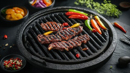 Grilled Steak with Peppers on Grill