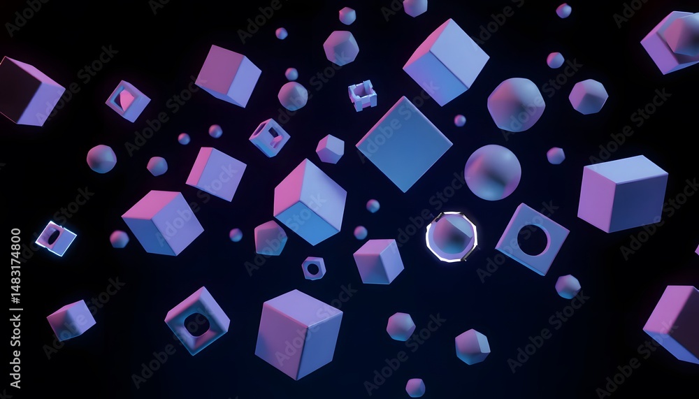 Leinwandbilder Abstract Geometric Shapes, 3d Render. Floating In Dark Digital Space. Glowing Edges Highlight. Modern Design Elements.
