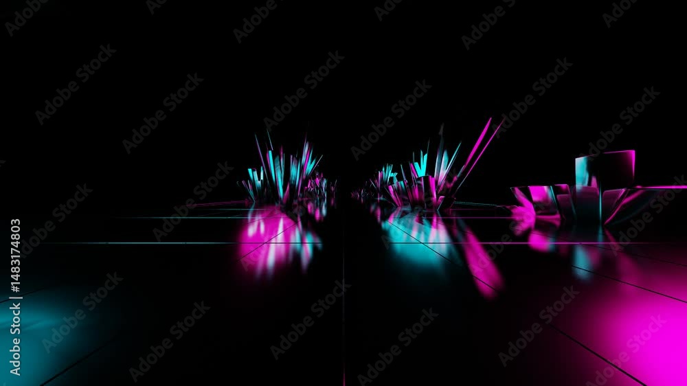 Poster endless forward movement inside abstract tunnel of glossy cubic crystal clusters on black background