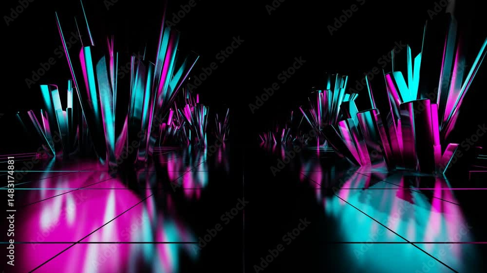 Poster endless forward movement inside abstract tunnel of glossy cubic crystal clusters on black background