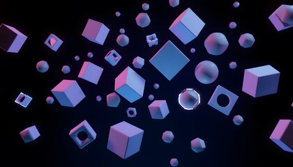 Abstract Geometric Shapes, 3d Render. Floating In Dark Digital Space. Glowing Edges Highlight. Modern Design Elements.