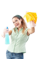 Smiling woman holding a spray bottle and cleaning cloths and looking at the camera. Front view,...