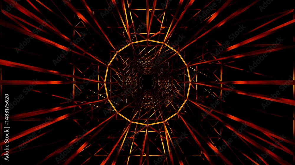 Poster endless forward movement inside abstract tunnel of gold glossy lattice. 3d render looped animation