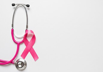 ピンクリボン 聴診器 白背景 健康診断 安心 安心感