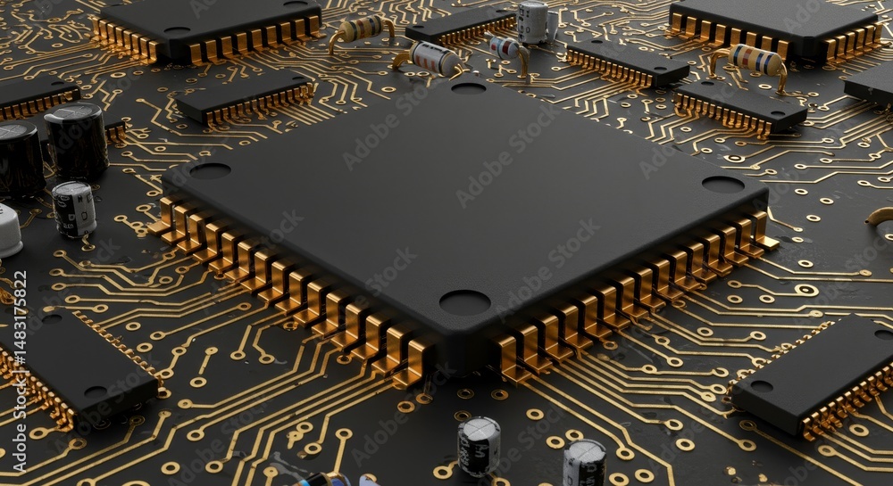 Poster advanced microchip technology - close-up view of a complex microchip circuit board, showcasing intri