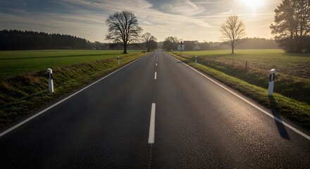 Fototapeta premium Driving on a Country Road at Sunset with Trees and Open Fields