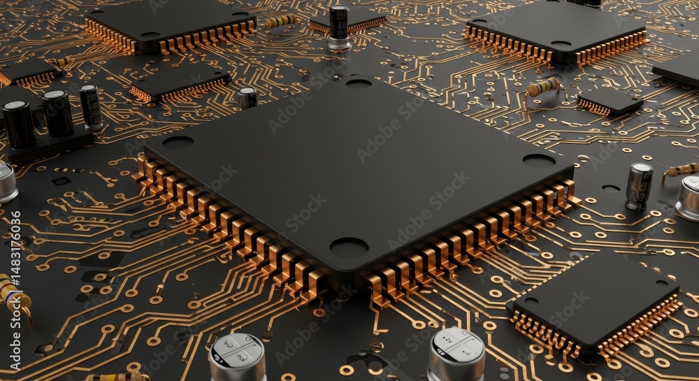 Poster advanced microchip technology circuit board - close-up view of a complex microchip circuit board wit
