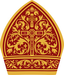 Ornate Gold and Red Bishop Mitre with Cross Symbol – Catholic Clergy Hat Vector Illustration