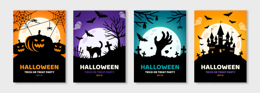 Happy Halloween party posters set, night graveyard, pumpkin lantern and witch castle. Vector illustration. Full moon, flying bats, zombie hand. Place for text. Brochure flyer template background