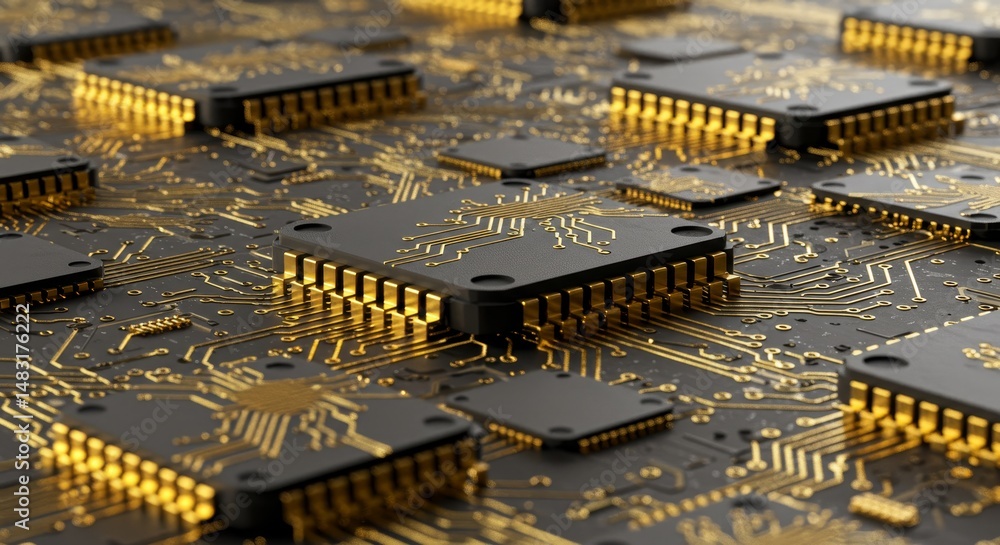 Poster advanced technology circuit board design - high-tech microchip array, symbolizes innovation, computi