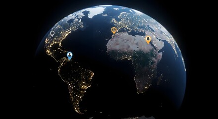 Earth Globe Showing Night City Lights and Location Pins