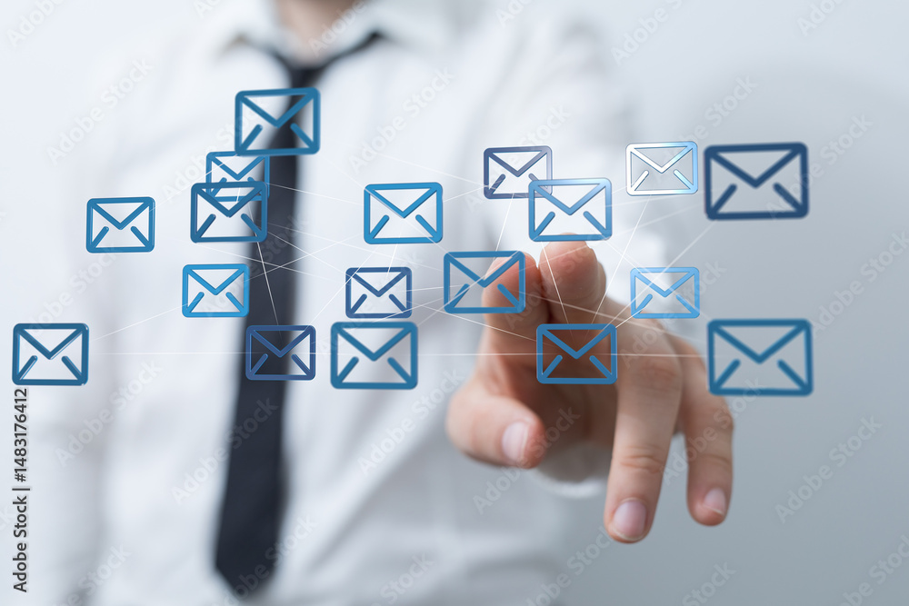 Poster Image of a businessman interacting with a network of email icons, representing digital communication and email management.