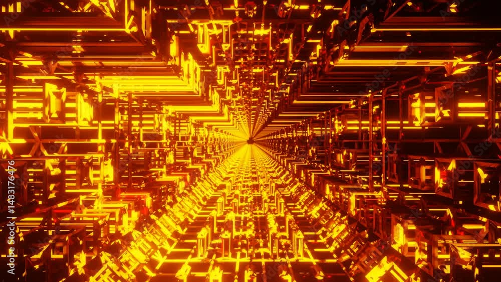Fototapete endless forward movement inside abstract tunnel of orange flashing grid. 3d render looped animation