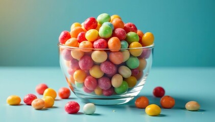 Assortment of colorful candies and sweets in a glass bowl , sugary, sweet confectionery