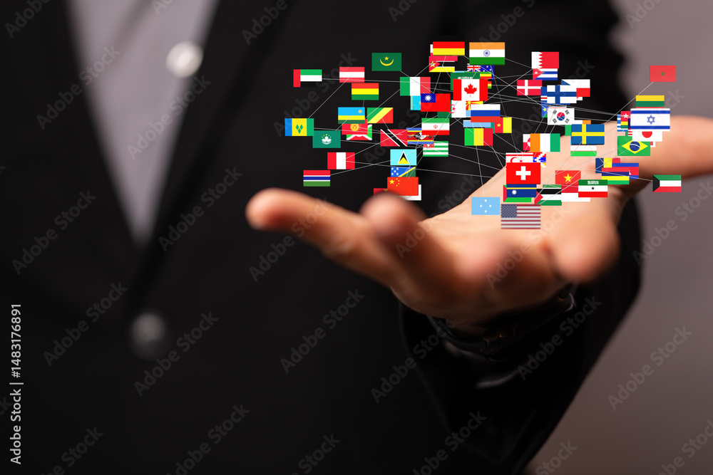 Poster image of a hand holding a network of interconnected flags, symbolizing global business, internationa