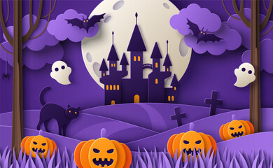 Spooky Halloween Landscape, Haunted House Paper cut poster. Vector illustration. Full Moon, Bats, Dark Forest. Place for text. Banner party invitation background, night clouds, castle, pumpkins
